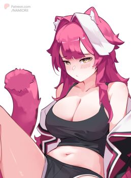 1girl animal_ears black_shorts black_tank_top breasts center-flap_bangs cleavage closed_mouth commentary crop_top double-parted_bangs english_commentary highres hololive hololive_english jacket knee_up large_breasts long_hair looking_at_viewer multicolored_hair namiorii navel off_shoulder panther_ears panther_girl panther_tail pink_hair pink_jacket raora_panthera shorts sidelocks simple_background sitting solo streaked_hair tail tank_top very_long_hair virtual_youtuber white_background white_streaks yellow_eyes