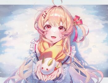 1girl ahoge blonde_hair commentary_request dated_commentary fortissimo hair_ornament hair_ribbon highres holding holding_snowball hololive hololive_dev_is jacket letterboxed long_hair looking_at_viewer musical_note musical_note_hair_ornament one_side_up open_mouth otonose_kanade otonose_kanade_(1st_costume) outside_border red_eyes red_ribbon ribbon roha_(2r0ha1745) scarf snow snowball virtual_youtuber white_jacket yellow_scarf