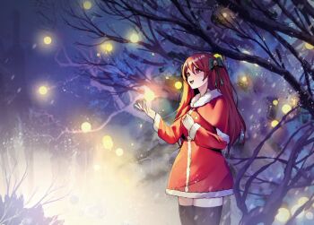 Rule 34 | 1girl, :d, bell, black thighhighs, capelet, coat, commentary request, commission, cowboy shot, dress, fiverr commission, from side, fur-trimmed capelet, fur-trimmed coat, fur trim, german commentary, green ribbon, hair bell, hair between eyes, hair ornament, hair ribbon, hand on own chest, hands up, indie virtual youtuber, long hair, lynxstella, marryofblood, night, open mouth, outstretched hand, red capelet, red coat, red eyes, red hair, ribbon, santa costume, santa dress, second-party source, smile, snowing, solo, standing, thighhighs, tree, virtual youtuber, winter