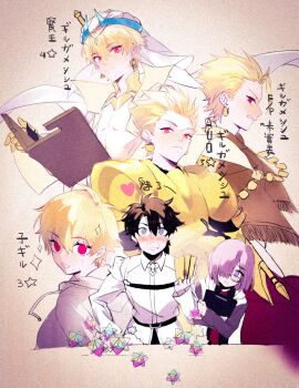 1girl 5boys blonde_hair child_gilgamesh_(fate) e_(h798602056) earrings fate/grand_order fate_(series) fujimaru_ritsuka_(male) gilgamesh gilgamesh_(caster)_(fate) gilgamesh_(fate) gilgamesh_(fate/prototype) glasses hair_between_eyes heart highres jewelry keffiyeh mash_kyrielight multiple_boys multiple_persona open_mouth red_eyes saint_quartz_(fate) shirt sparkle stone_tablet translation_request white_shirt yaoi