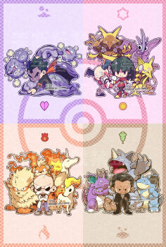 04sora40 1girl 3boys absurdres alakazam arcanine badge bald black_hair black_jacket blaine_(pokemon) chibi chibi_only dugtrio facial_hair full_body gen_1_pokemon growlithe badge_(pokemon) highres holding holding_whip jacket kadabra koffing koga_(pokemon) mr._mime muk multiple_boys mustache nidoking nidoqueen nintendo pokemon pokemon_(creature) pokemon_frlg ponyta rapidash red_scarf red_shirt rhydon rhyhorn sabrina_(pokemon) scarf shirt spoon sunglasses venomoth weezing