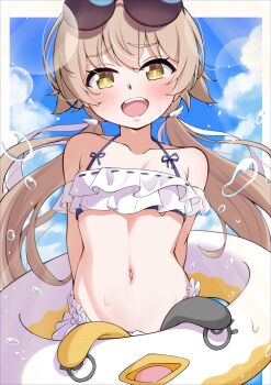 Rule 34 | 1girl, absurdres, akanehiiro, bikini, blue archive, commentary request, eyewear on head, frilled bikini, frills, hair ornament, halo, hifumi (blue archive), hifumi (swimsuit) (blue archive), highres, long hair, looking at viewer, low twintails, navel, off-shoulder bikini, off shoulder, official alternate costume, open mouth, peroro (blue archive), ribbon-trimmed bikini, ribbon trim, round eyewear, ruffle bikini, smile, solo, sunglasses, swimsuit, teeth, twintails, upper teeth only, white bikini, wing hair ornament