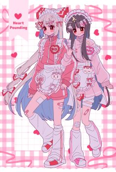 2girls alternate_costume apron bandaid bandaid_on_leg blush bow brown_hair closed_mouth commentary_request crescent crescent_hair_ornament english_text fujiwara_no_mokou grey_hair hair_bow hair_ornament hairpin heart highres houraisan_kaguya jacket jersey_maid leg_warmers locked_arms long_hair long_sleeves looking_at_viewer maid maid_headdress multiple_girls name_tag pink_bow pink_jacket rabbit_hair_ornament red_eyes red_jacket red_shorts shoes shorts smile star_(symbol) tamiko_(tamik0224) touhou track_jacket translated unconventional_maid very_long_hair waist_apron white_apron white_bow white_leg_warmers