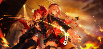 2girls alternate_costume beret between_breasts black_hat black_horns black_leotard black_shirt black_skirt black_thighhighs breasts brown_hair closed_mouth commentary concert cowboy_shot electric_guitar fire fishnet_top fishnets floating_hair from_below goddess_of_victory:_nikke grin groin guitar hair_between_eyes hair_intakes hat high_ponytail highres holding holding_guitar holding_instrument holding_plectrum horns instrument jacket large_breasts leather leather_jacket leotard light_trail long_hair long_sleeves looking_at_viewer looking_down mechanical_horns midriff miniskirt multiple_girls music open_clothes open_jacket outdoors parted_lips playing_guitar playing_instrument plectrum ponytail pouch rapi_(nikke) red_eyes red_hair red_hood_(nikke) shirt skirt smile sparkle stage stage_lights strap_between_breasts strapless strapless_leotard thigh_pouch thigh_strap thighhighs torn_clothes torn_shirt v-shaped_eyebrows very_long_hair y_unevenness yellow_eyes