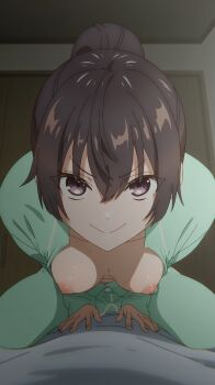1girl ahoge anime_screenshot assertive_female black_hair blush breasts breasts_out cleavage collarbone downblouse extended_downblouse girl_on_top good_morning_my_brother_(meme) green_pajamas grey_eyes grin hair_between_eyes hanging_breasts highres indoors leaning_forward long_hair long_sleeves looking_at_viewer medium_breasts naughty_face nipples no_bra nude_filter pajamas ponytail pov sidelocks smile suou_yuki third-party_edit tokidoki_bosotto_roshia-go_de_dereru_tonari_no_alya-san