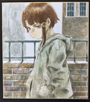 Rule 34 | 1girl, abe yoshitoshi, brown eyes, brown hair, commentary request, expressionless, highres, hood, hoodie, iwakura lain, looking down, outdoors, painting (medium), railing, serial experiments lain, shikishi, short hair, solo, traditional media, upper body, watercolor (medium)