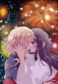 2girls aerial_fireworks black_kimono blonde_hair chou_kaguya-hime! closed_eyes commentary fireworks flower hair_bun hair_flower hair_ornament hand_on_another's_head highres japanese_clothes kaguya_(chou_kaguya-hime!) kimono kiss long_hair multiple_girls obi purple_hair red_sash sakayori_iroha sash signature white_kimono yoruneko_(liampadolina) yuri