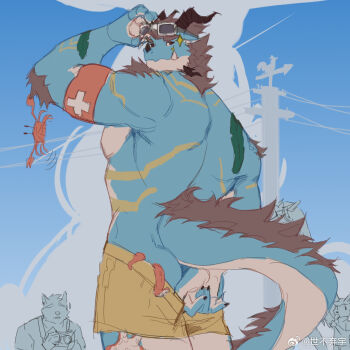 Rule 34 | 2boys, ass peek, bandaid, bara, blue fire, cowboy shot, dragon boy, dragon horns, dragon tail, fire, from behind, fur-tipped tail, goggles, goggles on head, horns, lifeguard, looking at viewer, looking back, male focus, male swimwear pull, multiple boys, muscular, muscular male, original, pectorals, pulling own clothes, sidepec, sketch background, solo focus, standing, sunglasses, tail, taking picture, thick eyebrows, tusks, yaoi, zhengshizi