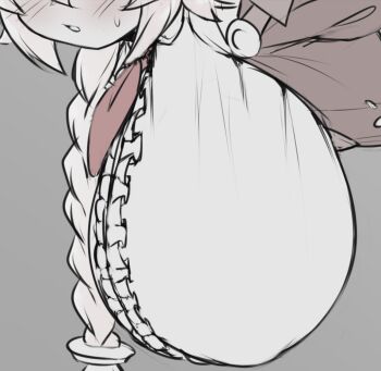 1girl ahoge arc_system_works blazblue blazblue:_central_fiction blush braid braided_ponytail breast_focus breasts center_frills commentary english_commentary es_(xblaze) eyes_out_of_frame frills grey_background hair_between_eyes hanging_breasts head_out_of_frame highres huge_ahoge huge_breasts long_hair monochrome necktie open_mouth oppai_loli pldf ponytail red_necktie shirt sidelocks simple_background single_braid solo spot_color sweatdrop tented_shirt white_background white_shirt xblaze