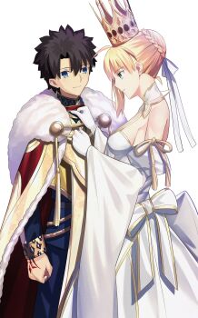 1boy 1girl absurdres ahoge artoria_pendragon_(fate) bare_shoulders black_hair blonde_hair blue_eyes blue_suit braid breasts cloak command_spell commentary crown detached_sleeves dress english_commentary fate/grand_order fate_(series) formal_clothes fujimaru_ritsuka_(male) fujimaru_ritsuka_(male)_(imperial_robe) fur-trimmed_cloak fur_trim gloves gold_trim green_eyes hair_bun hair_ribbon highres long_hair long_sleeves longdq3008 lord_logres_(fate) lord_logres_(second_ascension)_(fate) medium_breasts red_cloak ribbon short_hair sidelocks smile suit tabard white_dress white_gloves white_ribbon wide_sleeves