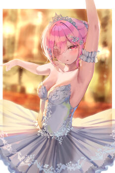 1girl akie_(44265104) arm_garter arm_up ballet blurry blurry_background blush border breasts burn_scar cleavage collarbone covered_navel cowboy_shot dancing flower hair_flower hair_ornament highres leotard looking_at_viewer medium_breasts missing_eye one-eyed original outside_border outstretched_arm parted_lips pink_eyes pink_hair scar short_hair silver_tiara solo strapless strapless_leotard sweat tiara tutu white_border white_leotard