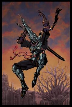 1boy absurdres armor arms_up black_border blasphemous border brown_gloves cathedral church commentary gloves greaves helmet highres holding holding_sword holding_weapon jumping menaslg orange_sky pants pauldrons penitent_one pointy_hat purple_pants purple_shirt red_scarf sabaton scarf shirt shoulder_armor sky solo sword tree weapon