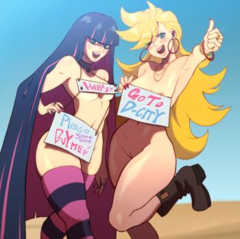 2girls absurdres black_boots black_hair blonde_hair blue_sky boots bracelet commentary day derivative_work earrings english_commentary english_text highres hoop_earrings jewelry multicolored_hair multicolored_thighhighs multiple_girls navel open_mouth outdoors panty_&amp;_stocking_with_garterbelt panty_(psg) peppr_n'_salt pink_hair pink_thighhighs purple_thighhighs pussy screenshot_redraw sky stocking_(psg) striped_clothes striped_thighhighs teeth thighhighs thumbs_up two-tone_hair two-tone_thighhighs upper_teeth_only