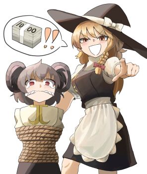2girls :d absurdres animal_ears apron black_hat black_skirt black_vest blonde_hair blush bound bow braid breasts commentary_request cookie_(touhou) cowboy_shot frilled_apron frills gagged grey_hair grey_skirt hair_bow hat highres hinshi_(nicoseiga121432160) kirisame_marisa long_hair looking_at_viewer medium_breasts money mouse_ears mouse_girl multiple_girls nazrin nyon_(cookie) open_mouth orange_eyes pointing pointing_at_viewer puffy_short_sleeves puffy_sleeves red_bow red_eyes shirt short_hair short_sleeves side_braid simple_background single_braid skirt skirt_set smile suzu_(cookie) tearing_up tied_up_(nonsexual) touhou unusually_open_eyes vest waist_apron white_apron white_background white_bow white_shirt witch_hat