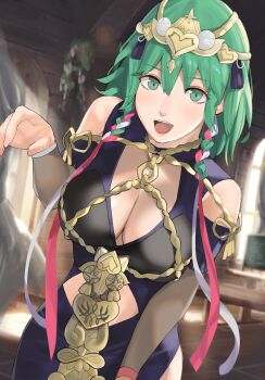 1girl braid breasts cleavage cleavage_cutout clothing_cutout dress female_byleth_(awakened)_(fire_emblem) female_byleth_(fire_emblem) female_byleth_(sothis_regalia)_(fire_emblem) female_focus fire_emblem fire_emblem:_three_houses green_eyes green_hair hair_ribbon highres j@ck large_breasts looking_at_viewer matching_hair/eyes nintendo open_mouth purple_dress ribbon ribbon_braid shoulder_cutout smile solo