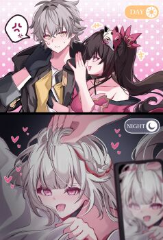 1boy 1girl 2girls anger_vein bare_shoulders bed_sheet bell black_choker black_gloves black_jacket braid brown_hair caelus_(honkai:_star_rail) cellphone choker commentary_request day-night_toggle_button_(meme) detached_sleeves dual_persona eugeo_032 fox_mask gloves grabbing_another's_hair grey_hair hair_between_eyes hair_intakes heart heart-shaped_pupils highres holding_another's_hair honkai:_star_rail honkai_(series) implied_sex jacket long_hair long_sleeves mask mask_on_head meme multiple_girls neck_bell open_clothes open_mouth phone pink_eyes sheet_grab shirt short_hair simple_background smartphone smile sometimes_like_this/also_like_that_(meme) sparkle_(honkai:_star_rail) sparxie_(honkai:_star_rail) spoken_anger_vein symbol-shaped_pupils tongue tongue_out trailblazer_(honkai:_star_rail) twintails very_long_hair whispering whispering_in_ear white_hair yellow_eyes