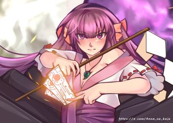 1girl anna_no_kojo arthropod_girl arthropod_limbs between_fingers bow breasts cleavage cloud commentary english_commentary glowing_object gohei hair_ribbon holding holding_gohei holding_ofuda insect_girl japanese_clothes jewelry light_blush long_hair looking_at_viewer magatama magatama_necklace maya_(mon-musu_quest!) miko mon-musu_quest! mon-musu_quest:_paradox monster_girl necklace ofuda ofuda_between_fingers purple_bow purple_eyes purple_hair red_ribbon ribbon skirt spider_girl taur twitter_username