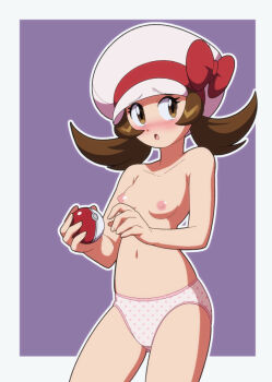1girl absurdres armpit_crease blush breasts brown_eyes brown_hair collarbone embarrassed euf-dreamer eyelashes female_focus fingernails flipped_hair hands_up hat hat_ribbon highres holding holding_poke_ball long_hair lyra_(pokemon) matching_hair/eyes navel neck newsboy_cap nintendo nipples no_bra open_mouth panties pink_panties poke_ball pokemon pokemon_hgss polka_dot polka_dot_panties ribbon sidelocks small_breasts standing thighs topless_female twintails underwear underwear_only