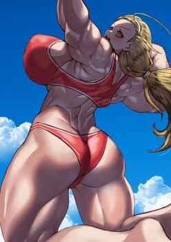 1girl ahoge arm_up back bare_arms bare_legs bare_shoulders bikini blonde_hair blue_sky bougainvillea_(unnryuu) breasts cloud commentary_request girls_und_panzer hair_pulled_back hairband hand_up highres huge_breasts jumping legs_up long_hair low_ponytail midriff muscular muscular_female open_mouth ponytail red_bikini revision sasaki_akebi sideboob sidelighting sky solo sports_bikini swimsuit teeth thick_thighs thighs upper_teeth_only white_hairband yellow_eyes