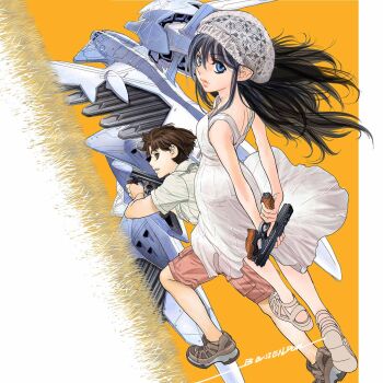 Rule 34 | 1boy, 1girl, blue eyes, brown eyes, brown hair, closed mouth, commentary request, dress, gun, highres, holding, holding gun, holding weapon, jinto, lafiel, lips, long hair, looking at viewer, official art, pointy ears, seikai no monshou, seikai no senki, shoes, sneakers, spacecraft, weapon, white dress, yonemura kouichirou