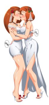 2girls ann_possible breasts brown_hair cleavage closed_eyes commentary dress english_commentary feet flower french_kiss full_body gem hair_flower hair_ornament high_heels highres incest jewelry kim_possible kim_possible_(series) kiss lips long_hair medium_breasts medium_hair mother_and_daughter multiple_girls nail_polish necklace omiiverse ring rose sandals shoes simple_background sound_effects strappy_heels tiptoes toeless_footwear toenail_polish toenails unzipping wedding_ring white_background wife_and_wife yuri