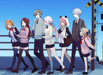2boys 5girls akabane_youko akabane_youko_(1st_costume) animal_hood animal_print arms_at_sides backpack bag black_bow black_necktie black_socks blue_background blue_jacket blue_pants blue_skirt blue_sky blue_thighhighs blush bow breasts brown_hair brown_shoes brown_thighhighs cat_print collared_shirt colored_inner_hair commentary_request flower frown full_body green_eyes hair_bow hair_flower hair_ornament honma_himawari honma_himawari_(1st_costume) hood hoodie jacket kanae_(nijisanji) kneehighs kuzuha_(nijisanji) large_breasts long_hair looking_to_the_side makaino_ririmu makaino_ririmu_(4th_costume) messy_hair multicolored_hair multiple_boys multiple_girls nana72710193 necktie nijisanji nijisanji_gamers orange_hair outdoors panda_hood pants pink_hair pink_sweater pointing pointy_ears ponytail railing red_bow red_eyes sasaki_saku sasaki_saku_(1st_costume) school_bag shiina_yuika shiina_yuika_(1st_costume) shirt shoes short_hair side_ponytail skirt sky smug socks standing standing_on_one_leg streaked_hair sunflower sunflower_hair_ornament sweater thighhighs utility_pole virtual_youtuber walking white_shirt white_socks yellow_sweater