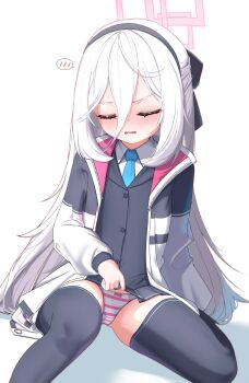 1girl absurdres annoyed black_bow black_hairband black_skirt black_thighhighs black_vest blue_archive blue_necktie blush bow bow_panties buttons closed_eyes clothes_lift commentary_request disgust double-parted_bangs hair_between_eyes hair_bow hairband highres jacket kei_(blue_archive) kei_(new_body)_(blue_archive) loli long_hair long_sleeves looking_at_viewer mayou940114 miniskirt multicolored_panties necktie open_mouth panties shirt sitting skirt skirt_lift speech_bubble striped_clothes striped_panties thighhighs underwear very_long_hair vest white_background white_hair white_jacket white_shirt