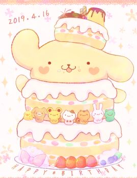 :3 bagel_(sanrio) birthday birthday_cake bow cake commentary_request custard_(sanrio) dog food food_focus foodification frog fruit hamster happy_birthday highres kekorin5 mint_(sanrio) mouse_(animal) no_humans pompompurin powder_(sanrio) pudding rabbit sanrio scone_(sanrio) squirrel strawberry tart_(sanrio)