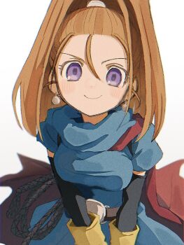 1girl barbara_(dq6) blue_robe cape closed_mouth dragon_quest dragon_quest_vi earrings gloves high_ponytail jewelry light_blush looking_at_viewer magainu medium_hair orange_hair ponytail purple_eyes red_cape robe simple_background smile solo white_background yellow_gloves