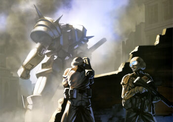 against_wall ambush artist_request assault_rifle back battle bazooka_(gundam) brick_wall combat_helmet crack cracked_wall crossbone_vanguard den'an_zon earth_federation goggles gun gundam gundam_f91 gundam_perfect_file helmet hiding highres machinery magazine_scan mecha military_uniform mobile_suit painting_(medium) promotional_art realistic rifle robot ruins scan science_fiction shoulder_spikes size_difference smoke soldier spikes traditional_media weapon