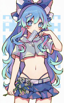 1girl @_@ belt blister_pack blue_bow blue_eyes blue_hair blue_nails blue_panties blue_skirt blush bow commentary cowboy_shot crop_top cutout_eyelashes flower grey_shirt hair_bow hand_up heart highleg highleg_panties highres holding holding_flower kyouda_suzuka long_hair looking_at_viewer miniskirt mouth_hold navel panties pill shirt skirt solo stomach touhou twitter_username underwear very_long_hair wavy_hair white_flower yorigami_shion
