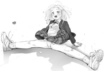 1girl :d bare_legs blazer blush collared_shirt greyscale highres jacket loli long_hair looking_at_viewer masuda_(yousaytwosin) miniskirt monochrome neck_ribbon open_clothes open_jacket open_mouth original panties pantyshot pleated_skirt ribbon school_uniform shirt shoes signature skirt smile socks solo split sweater_vest underwear wind wind_lift wing_collar