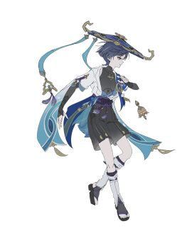 Rule 34 | 1boy, absurdres, animal print, aqua gem, arm at side, armor, belt, bird print, black belt, black bodysuit, black bow, black hair, black sandals, black shorts, blue cape, blue hat, blue kimono, blue sleeves, bodysuit, bow, bridal gauntlets, cape, clothing cutout, covered collarbone, eyeliner, feathers, floating, floating object, floating weapon, full body, furisode, gem, genshin impact, gold, gold bell, gold ring, grey bridal gauntlets, grey eyes, grey hair, hakama, hakama shorts, hand up, hat, highres, hip vent, japanese armor, japanese clothes, jingasa, juban, kimono, kote, kurokote, layered sleeves, leg warmers, looking to the side, makeup, male focus, mandarin collar, middle ring, multicolored hair, open clothes, open hands, open kimono, parted lips, pleated shorts, pom pom (clothes), purple rope, purple sash, red eyeliner, rope, sandals, sash, scaramouche (genshin impact), short sleeves, shorts, shoulder peek, solo, stirrup legwear, streaked hair, tassel, toeless legwear, tooooo hu, tsurime, tulaytullah's remembrance (genshin impact), vision (genshin impact), wanderer (genshin impact), white background, white kimono, white leg warmers, white sleeves, white trim, yellow feathers, zouri