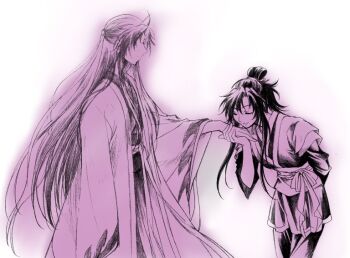 2boys ahoge arm_behind_back chinese_clothes clone closed_eyes closed_mouth coat commentary_request cosplay dual_persona hair_bun hair_down hair_ribbon half_updo hanfu holding_hands kiss kissing_hand leaning_forward long_hair long_sleeves male_focus mo_xuanyu mo_xuanyu_(cosplay) modao_zushi monochrome mugiwara0077 multiple_boys official_alternate_costume official_alternate_hairstyle open_clothes open_coat pink_theme ponytail profile purple_theme ribbon robe sash selfcest sidelocks simple_background single_hair_bun smile standing time_paradox very_long_hair wei_wuxian wei_wuxian_(yiling_laozu) white_background wide_sleeves