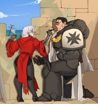Rule 34 | 1boy, 1girl, absurdres, adepta sororitas, adeptus astartes, armor, battle standard, black templars, breastplate, dorotero, gauntlets, gloves, highres, mechanical arms, on one knee, pauldrons, power armor, robe, scar, scar on face, short hair, shoulder armor, single mechanical arm, sky, warhammer 40k, white hair