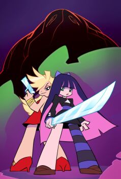 10s 2girls back-to-back blonde_hair blue_eyes blunt_bangs bow bracelet doxy dress green_eyes gun hair_bow handgun high_heels jewelry katana multicolored_hair multiple_girls official_style panty_&amp;_stocking_with_garterbelt panty_(psg) patterned_legwear pink_hair pistol purple_hair red_dress red_footwear shoes siblings single_thighhigh sisters stocking_(psg) striped_clothes striped_legwear striped_thighhighs sword thighhighs two-tone_hair weapon