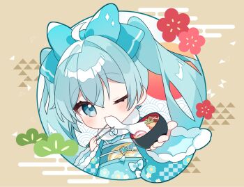 1girl ahoge blue_bow blue_eyes blue_hair blue_kimono blue_sash blush bow bowl chibi chibi_only closed_mouth commentary_request dot_nose double-parted_bangs eating gloves hair_between_eyes hair_bow hair_intakes hatsune_miku highres holding holding_bowl japanese_clothes kimono long_hair long_sleeves looking_at_viewer obi one_eye_closed red_gloves sash solo twintails upper_body vocaloid wide_sleeves yuni_(irohasuiroiro) zouni_soup