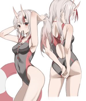 1girl absurdres arm_up armpits ass black_one-piece_swimsuit blush breasts closed_mouth commentary covered_navel english_commentary fingernails grey_hair hair_tie_in_mouth highres hololive horns impossible_clothes impossible_swimsuit long_hair looking_at_viewer medium_breasts mouth_hold multiple_views nail_polish nakiri_ayame one-piece_swimsuit oni red_eyes red_nails scarlet_(wv0102) simple_background skin-covered_horns standing swim_ring swimsuit tying_hair virtual_youtuber whistle whistle_around_neck white_background