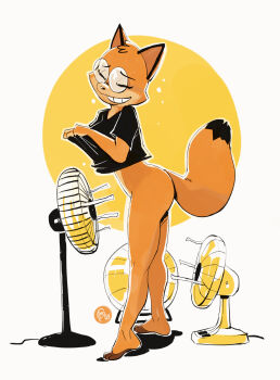 1girl artist_logo black_shirt closed_eyes clothes_lift commentary edtropolis electric_fan english_commentary fox_girl fox_tail from_side full_body furry furry_female glasses highres logo no_pants original round_eyewear shirt shirt_lift smile solo standing tail teeth