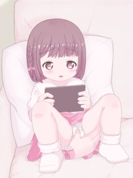 1girl blunt_bangs blush braid brown_eyes brown_hair couch dark_(yakimochi5) diaper disembodied_hand female_focus fingering fingering_through_clothes holding holding_tablet_pc large_variant_set loli on_couch open_mouth original pillow pink_skirt shirt sitting skirt socks spread_legs tablet_pc through_clothes upskirt variant_set white_shirt white_socks