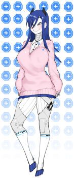 Rule 34 | 1girl, android, antennae, blue hair, blush, bolt, breasts, buttons, collared shirt, gradient background, gynoid, hair behind ear, hair over one eye, highres, joints, large breasts, long hair, looking to the side, mechanical legs, microskirt, minkye, original, pink sweater, robot, robot girl, robot joints, shirt, skirt, smile, sweater