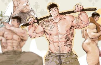 1boy abs arm_tattoo armpit_hair ass bara biceps black_hair blurry blurry_background brown_pants completely_nude earrings eyebrow_cut green_eyes groin hoonzino huge_pectorals jewelry katana male_focus multiple_views muscular muscular_arms muscular_legs navel nipples nude one_eye_closed original over_shoulder pants penis penis_peek pubic_hair shoulder_tattoo smile stomach_tattoo sword sword_over_shoulder tattoo thick_eyebrows thighs towel towel_around_neck waistband weapon weapon_over_shoulder