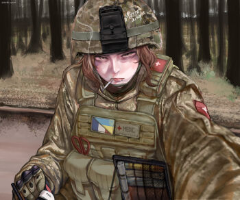 Rule 34 | 1girl, absurdres, ammunition pouch, camouflage, camouflage headwear, camouflage jacket, chest rig, cigarette, combat helmet, combat medic, commentary, commission, cross, day, digital camouflage, english commentary, english text, expressionless, fast helmet, first aid, forest, french flag, french text, green eyes, helmet, highres, jacket, lips, load bearing vest, m4skedboi, messy hair, military, military combat uniform, military uniform, mm14, mole, mole under mouth, natalie (qvit11), nature, original, outdoors, patch, pouch, pov, red cross, red hair, russo-ukrainian war, scissors, short hair, smoke, smoking, soldier, tourniquet, translated, tree, tryzub, ukraine, ukrainian flag, war, woodland camouflage