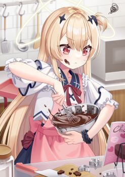 1girl :&lt; absurdres apron baking blonde_hair book bow bowl bowtie chucolala closed_mouth commission cookbook cookie_cutter counter crossed_halos cutting_board double-parted_bangs flat_chest food food_on_face frilled_sleeves frills hair_ornament halo hand_up highres holding holding_bowl holding_whisk indoors jar kitchen knife ladle layered_sleeves long_hair looking_at_object microwave mixing_bowl multiple_halos non-web_source one_side_up pink_apron puffy_short_sleeves puffy_sleeves reading red_bow red_bowtie red_eyes sailor_collar scrunchie short_sleeves skirt solo spatula squiggle star_(symbol) star_hair_ornament suzumiya_rin sweatdrop upper_body utensil_rack v-shaped_eyebrows very_long_hair whisk whisking wooden_spatula wrist_scrunchie yukinko_(yukiwork)