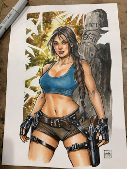 1girl absurdres black_gloves blue_tank_top breasts brown_shorts cleavage commentary english_commentary fingerless_gloves gloves gun highres lara_croft long_hair looking_at_viewer marker marker_(medium) medium_breasts midriff mike_krome navel photo_(medium) short_shorts shorts solo tank_top tomb_raider traditional_media weapon