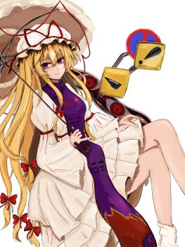 1girl 83mkneinlsqmebq blonde_hair bow commentary dress frilled_dress frills gap_(touhou) hair_bow hat hat_ribbon highres holding holding_umbrella long_hair long_sleeves mob_cap multiple_hair_bows purple_eyes purple_tabard ribbon road_sign sign simple_background smile solo tabard touhou umbrella white_background white_dress wide_sleeves yakumo_yukari