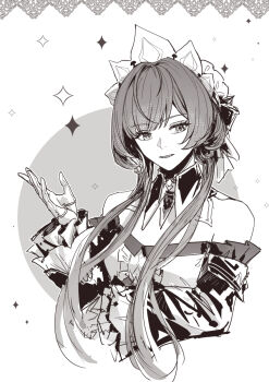 1girl bare_shoulders bonnet center_frills commentary cropped_torso detached_collar detached_sleeves dress english_commentary eulyin_huan frilled_sleeves frills genshin_impact gloves greyscale hand_up highres long_hair long_sleeves monochrome parted_lips sandrone_(genshin_impact) solo star_(symbol) strapless upper_body white_background