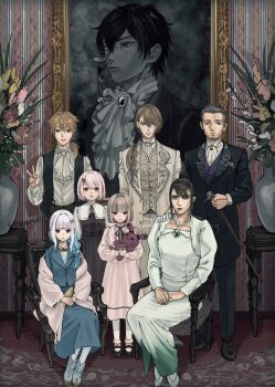 3girls 4boys alternate_costume ascot beard black_hair black_suit black_vest blue_skirt brown_hair cane chair crossdressing crossdressing_(mtf) debitto_(makaino_ririmu) dress expressionless eyeshadow facial_hair formal_clothes fushimi_gaku hanabatake_chaika hand_up highres indoors kagami_hayato koze_niire leos_vincent light_smile lipstick lize_helesta long_hair long_sleeves looking_at_viewer low_ponytail makaino_ririmu makeup mary_janes multicolored_hair multiple_boys multiple_girls nijisanji pink_dress pink_hair plant ponytail portrait_(object) potted_plant shiina_yuika shirt shoes short_hair short_ponytail sitting skirt smile streaked_hair suit v very_short_hair vest virtual_youtuber white_ascot white_dress white_hair white_shirt wooden_chair