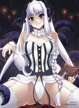 1girl artist_name bed_sheet black_bow black_eyes blunt_bangs blush bow breasts candle candlelight collar colored_inner_hair commentary_request corset detached_sleeves dress fate/strange_fake fate_(series) fingernails francesca_prelati_(fate) frilled_collar frills garter_straps gradient_background grin hair_bow highres long_hair looking_at_viewer medium_breasts multicolored_hair nail_polish paid_reward_available prelati's_spellbook ringed_eyes sidelocks smile smirk solo spread_legs striped_clothes striped_dress tentacles thighs twitter_username white_dress white_hair xkzan yandere