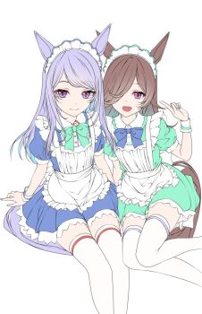 2girls animal_ears apron blue_bow blue_dress bow brown_hair closed_mouth commentary_request dress flipped_hair green_bow green_dress hair_over_one_eye headdress horse_ears horse_girl horse_tail long_hair looking_at_viewer maid maid_apron maid_headdress mejiro_mcqueen_(umamusume) multiple_girls open_mouth puffy_short_sleeves puffy_sleeves purple_eyes purple_hair reishi_(litvyak) rice_shower_(umamusume) short_sleeves simple_background smile tail thighhighs umamusume white_apron white_background white_headdress white_thighhighs white_wrist_cuffs wrist_cuffs